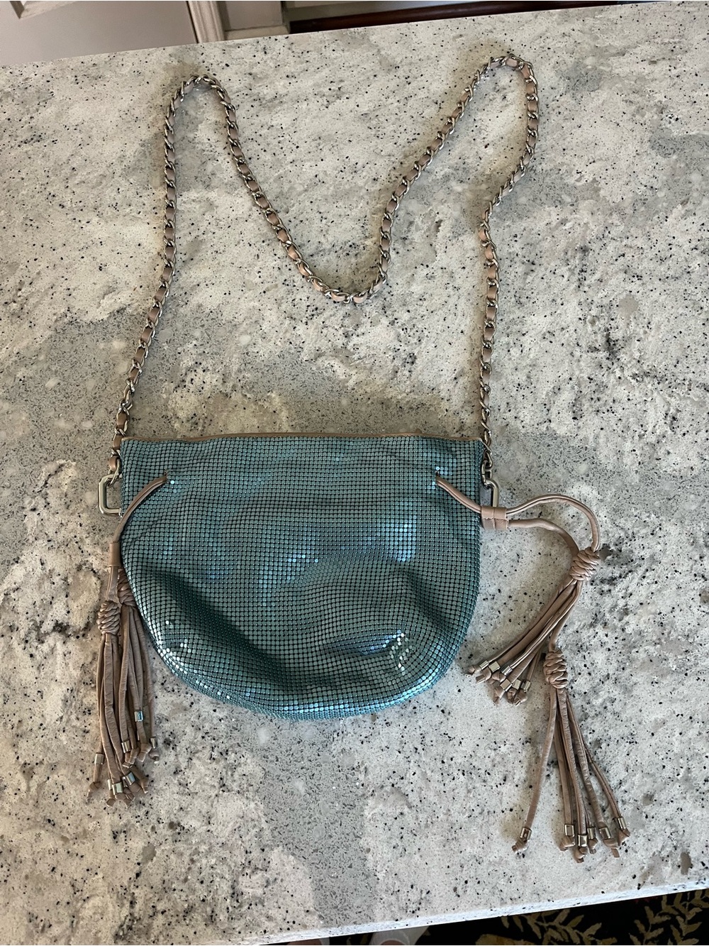 Tahari Teal Shoulder Bag with Chain Strap and Tassels